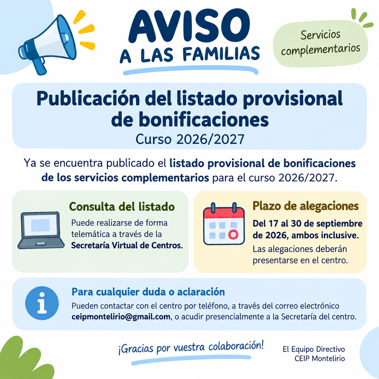Cartel publicación bonificaciones